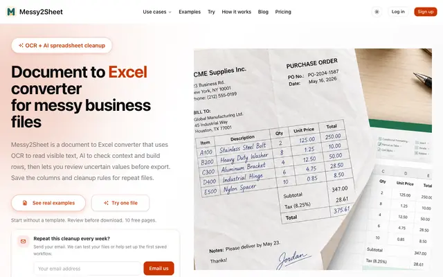 Screenshot of Document to Excel converter for messy business files | Messy2Sheet
