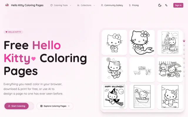 Screenshot of Free Hello Kitty Coloring Pages - Online, Printable & AI Generator