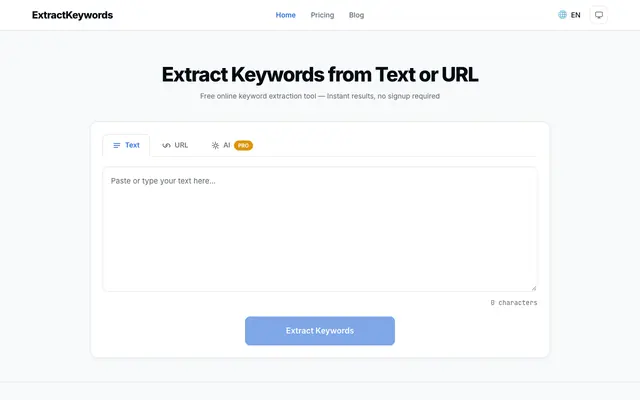 Screenshot of Extract Keywords from Text & URL — Free | ExtractKeywords