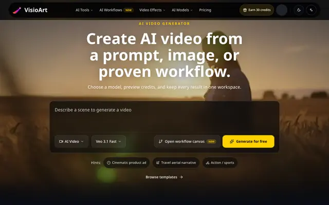 Screenshot of AI Video Generator, Image Creator and Effects Library | VisioArt