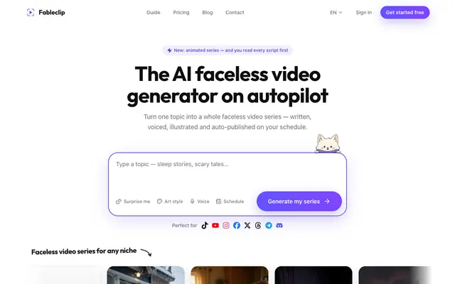 Screenshot of AI Faceless Video Generator on Autopilot | Fableclip