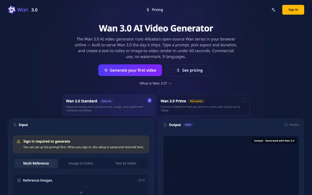 Screenshot of Wan 3.0 AI Video Generator — 4K, Browser-Based, No GPU