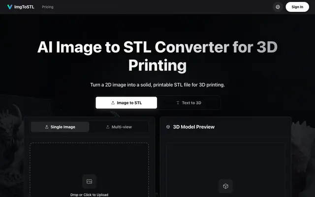 Screenshot of Image to STL Converter | AI STL Generator - ImgToSTL