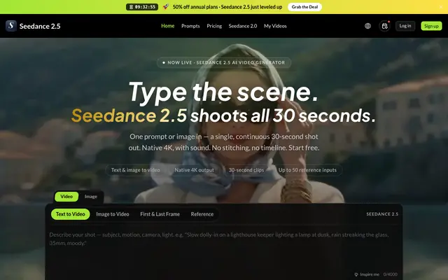Screenshot of Seedance 2.5 AI Video Generator — Native 30s 4K