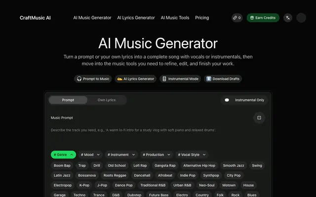 Screenshot of CraftMusic AI | Create Music and Lyrics Online