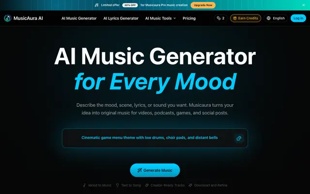 Screenshot of AI Music Generator for Every Mood | Musicaura
