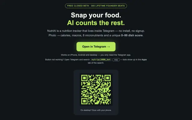 Screenshot of NutriAI — snap your food, AI counts calories. Inside Telegram