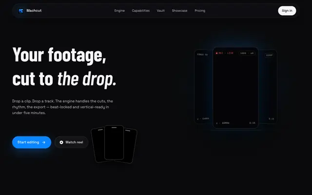 Screenshot of Machcut — Drop a clip. Drop a track. Get your edit.