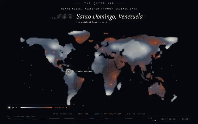 Screenshot of The Quiet Map — the quietest place on Earth right now