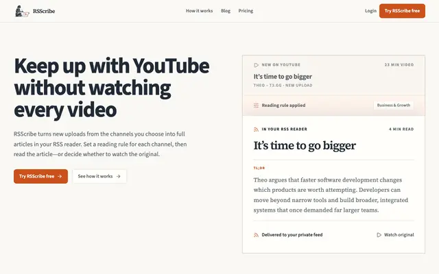 Screenshot of Turn YouTube Videos into RSS Articles | RSScribe