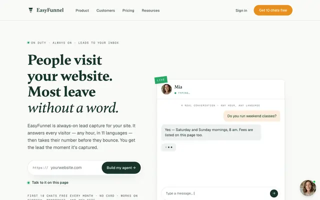 Screenshot of EasyFunnel — Custom AI chatbot that turns website visitors into leads