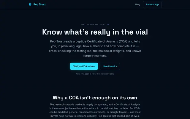 Screenshot of Pep Trust — Verify a Peptide COA (Certificate of Analysis)
