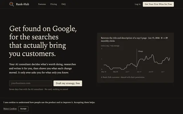 Screenshot of AI SEO consultant that knows your site | Rank-Hub