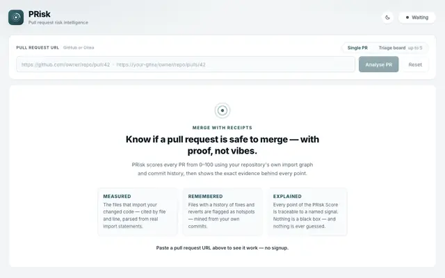 Screenshot of PRisk — Pull Request Risk Intelligence