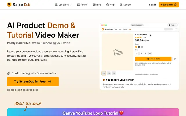 Screenshot of AI Product Demo, Tutorial & Video Documentation Maker | ScreenDub