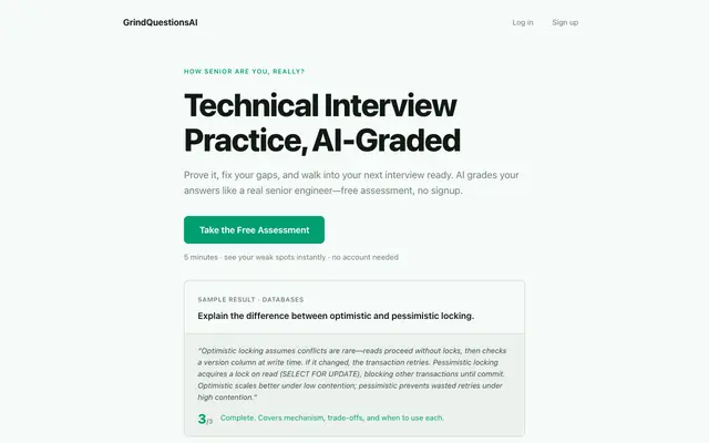 Screenshot of GrindQuestionsAI — AI-Graded Technical Interview Practice & Prep
