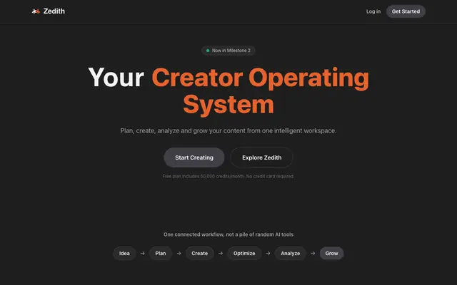 Screenshot of Zedith AI — AI Creator Workspace for YouTube Creators