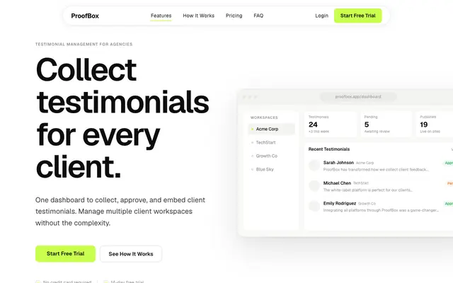 Screenshot of ProofBox — White-Label Testimonial Collection Platform