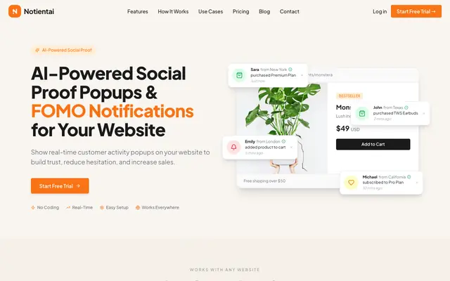 Screenshot of NotientAI — AI Social Proof Popups & FOMO Notifications for Websites