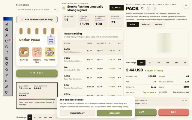 Screenshot of เรดาร์แสกนหาหุ้น