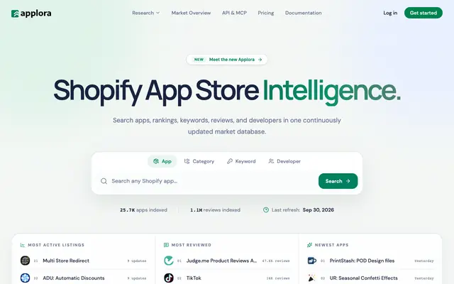 Screenshot of Applora AI - Shopify App Store Intelligence for App Builders