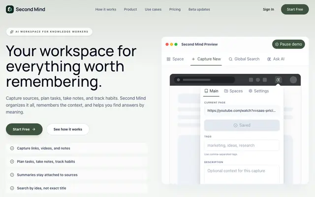 Screenshot of AI Bookmark Manager for Research Recall | Second Mind
