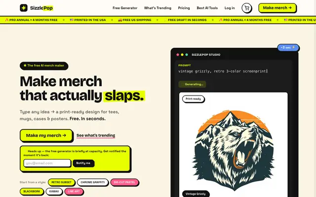 Screenshot of Free AI T-Shirt Design Generator & Maker | SizzlePop