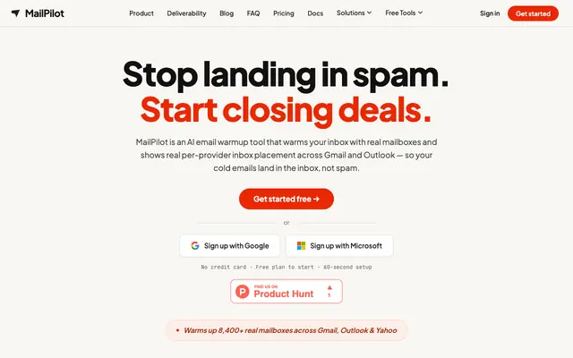 Screenshot of MailPilot - AI Email Warmup Tool | 99.2% Inbox Placement Guaranteed