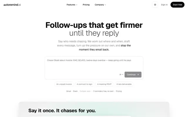 Screenshot of autoremind.ai - AI Follow-Up Reminders That Escalate in Tone Automatically