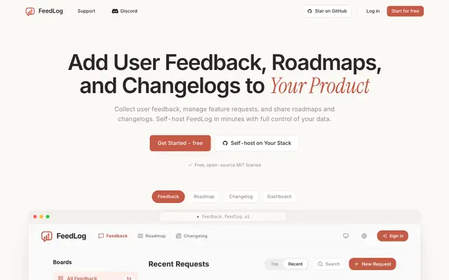 Screenshot of FeedLog — Open-Source Feedback Tool with Built-in AI