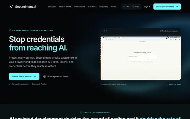 Screenshot of SecureIntent | Browser DLP Chrome Extension for ChatGPT & AI Coding