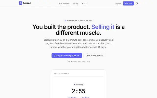 Screenshot of SaidWell: voice practice for the founder-sales calls you keep losing