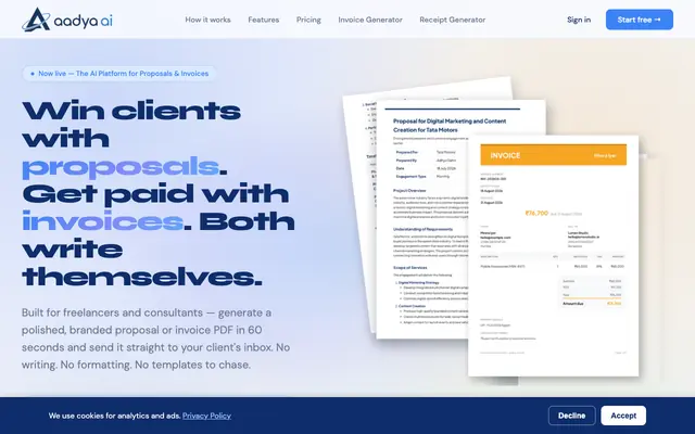 Screenshot of Aadya AI — The AI Platform for Proposals & Professional Documents