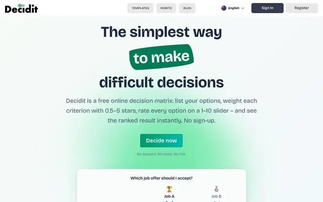 Screenshot of Make better decisions – free weighted decision matrix | Decidit