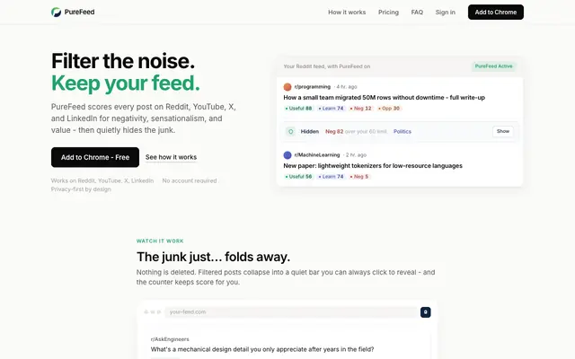 Screenshot of PureFeed — Filter the noise. Keep your feed.