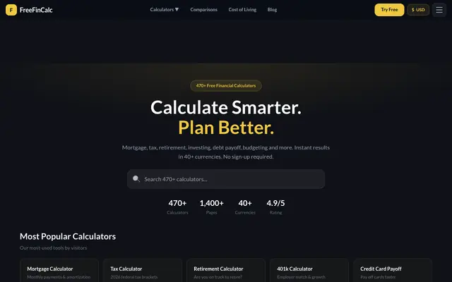 Screenshot of Free Financial Calculators 2026 - Mortgage, Tax, Retirement, Debt