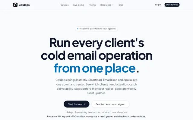 Screenshot of ColdOps — Mission control for cold email agencies
