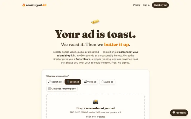 Screenshot of roastmyad.lol — We roast your ad. Then we butter it up.