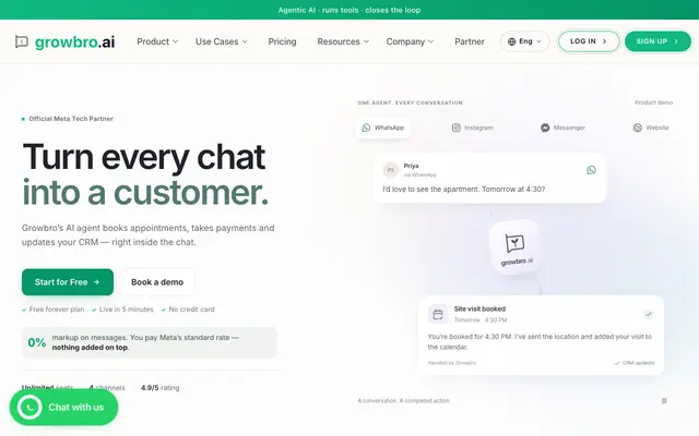 Screenshot of Growbro.ai – AI Agents for Business | WhatsApp, Instagram & Web