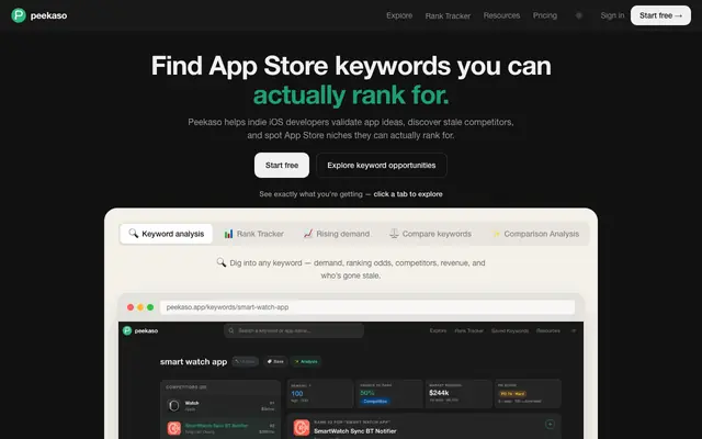 Screenshot of App Store App Ideas & Keyword Research for Indie iOS Developers | Peekaso