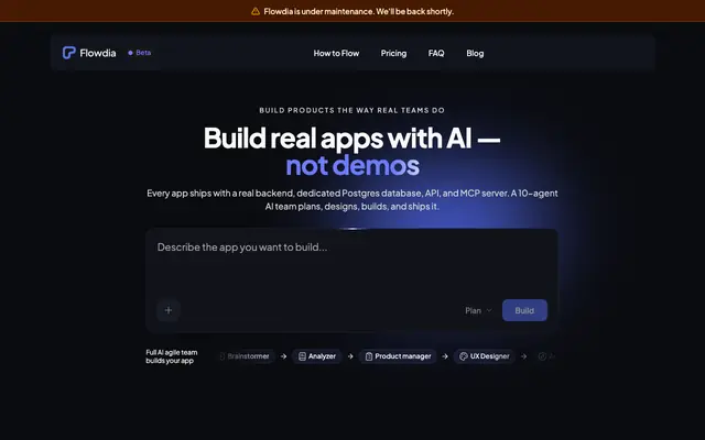 Screenshot of Flowdia — Build Real Apps with AI, Not Demos