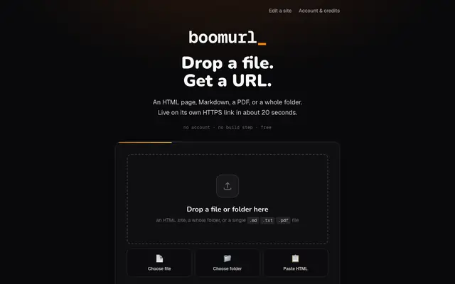 Screenshot of boomurl — drag a folder, get a URL · free static site hosting