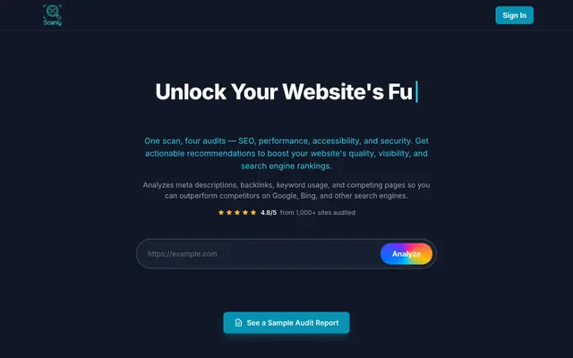 Screenshot of Scanly.site — AI Website Audit Tool for SEO, Core Web Vitals, Accessibility & Se
