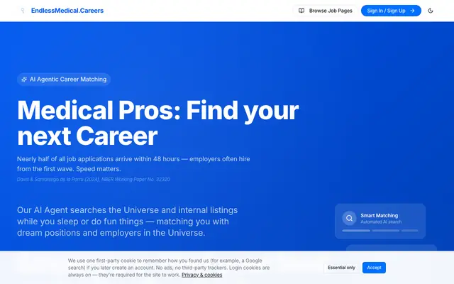 Screenshot of EndlessMedical.Careers — AI-Powered Medical Job Matching for Healthcare Professi