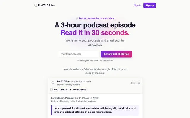 Screenshot of PodTLDR.fm — a 3-hour podcast episode, read in 30 seconds