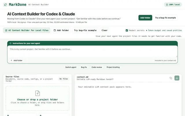 Screenshot of AI Context Builder for Files – Generate context.md | MarkDone