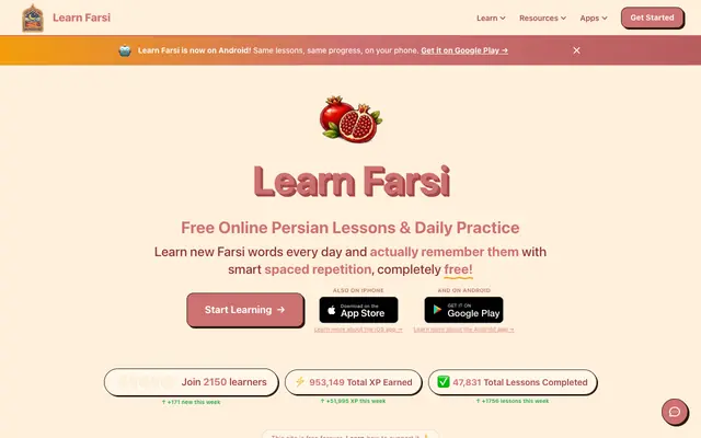 Screenshot of Learn Farsi Online — Free Persian Lessons, Alphabet & Audio