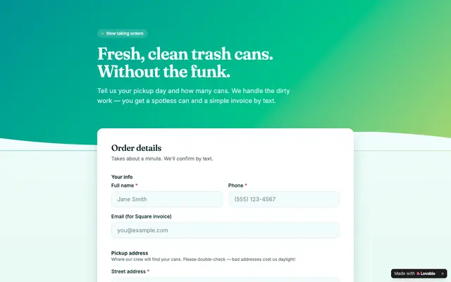 Screenshot of Sparkle Cans — Trash Can Cleaning Order Form