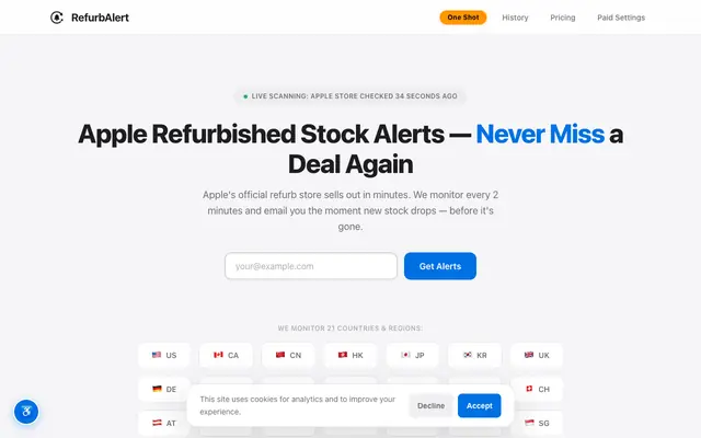 Screenshot of RefurbAlert — Apple Refurbished Stock Alerts