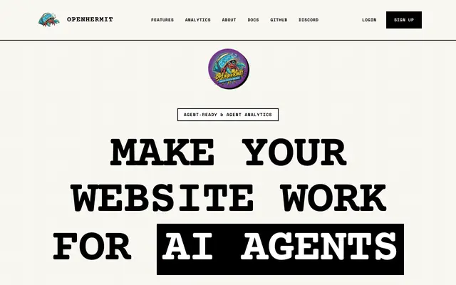Screenshot of OpenHermit — Make Your Website Work for AI Agents. And See Everything They Do.